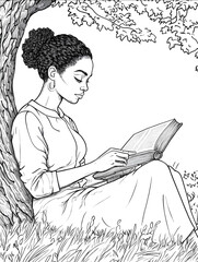 beautiful retro style black woman at reading a book inder a tree clean lines black and white adult coloring book page