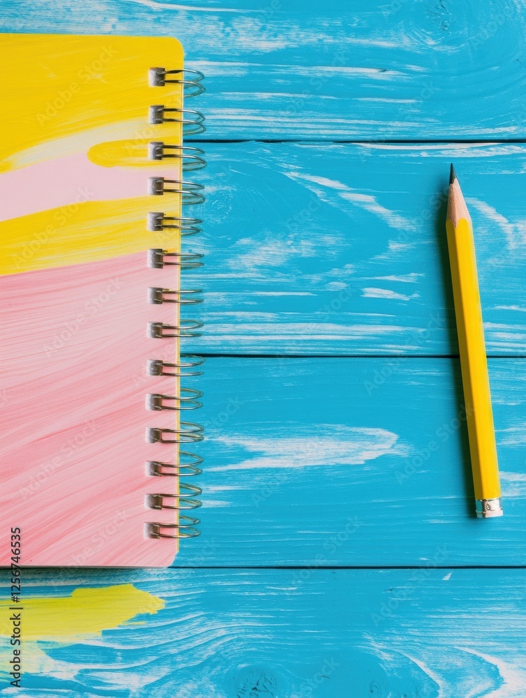 Fototapete open notebook with colorful design and a pencil on a bright wooden desk with ample space for creativ