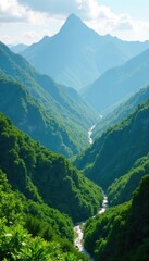 Fototapeta premium Emerald canopies stretch across mountain peaks, green, mountains, foliage