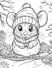 coloring pages for kids mouse with winter cap christmas background clean line art thick lines no shading low details cartoon art black and white
