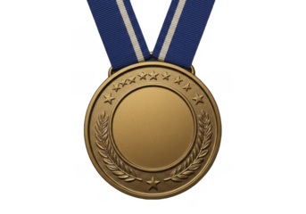 A distinguished bronze medal with an antique finish and an intricately embossed pattern, hanging from a deep maroon ribbon, isolated on a transparent background.