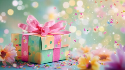 Fototapeta premium Colorful prank gift box with playful confetti, embodying the joy and mischief of April Fool's Day. 