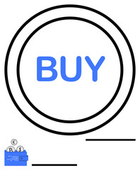 Blue Buy text inside double circular rings, small wallet with coins icon. Ideal for e-commerce, online shopping, payment systems, financial technology, purchase decisions, retail trends, abstract