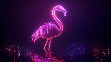 Neon flamingo reflecting in dark water, digital art