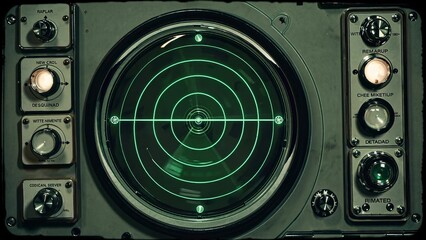 Green radar screen with concentric circles and crosshairs, surrounded by various knobs and buttons on a vintage console, evokes a sense of old-fashioned technology and surveillance