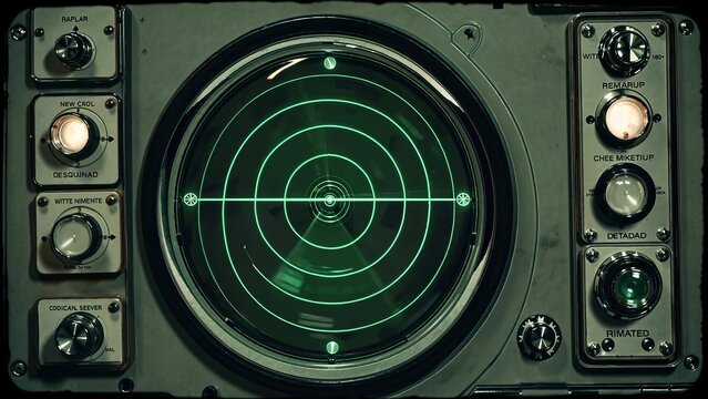 Green radar screen with concentric circles and crosshairs, surrounded by various knobs and buttons on a vintage console, evokes a sense of old-fashioned technology and surveillance - Powered by Adobe