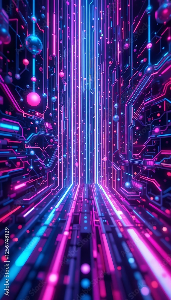 Wall mural futuristic circuit board design with neon lights and data stream