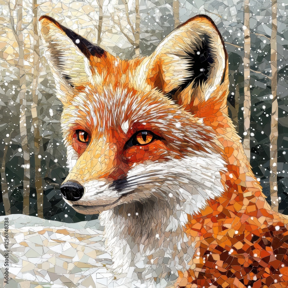 Leinwandbilder intricate mosaic fox portrait set against a snowy forest backdrop with delicate tessellated patterns