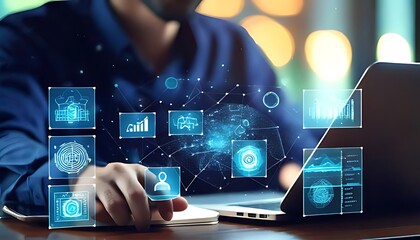 Man uses laptop with augmented reality data interface and global networking visualizations.