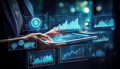 Person is using a tablet with interactive graphs and data visualisations displayed.