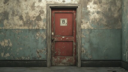 fire exit door in a historical building, its faded color and weathered surface offering a sense of nostalgia,