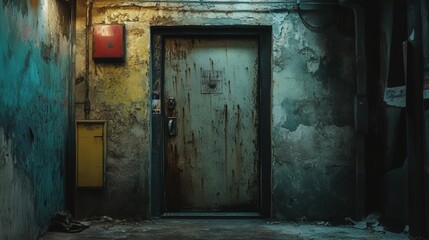 fire exit door in a worn-down building, the metal doors bearing the marks of time, with its importance evident amidst the surrounding walls showing the passage of years