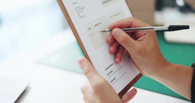 Clipboard, hands and logistics with person in office, checking order for shipping or supply chain schedule. Documents, pen or writing with employee at work desk for commercial import and export