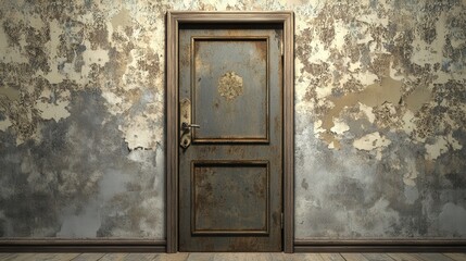 fire exit door in an ancient building, standing out with its worn-out metal frame against the background