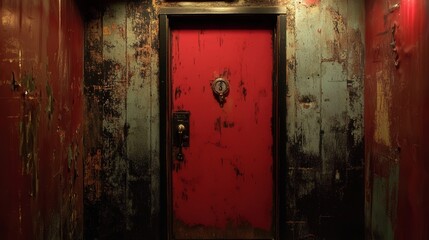 fire exit door in an old, weathered building, the door showing signs of age with peeling paint and rust,