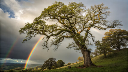 majestic tree stands against double rainbow in serene landscape
