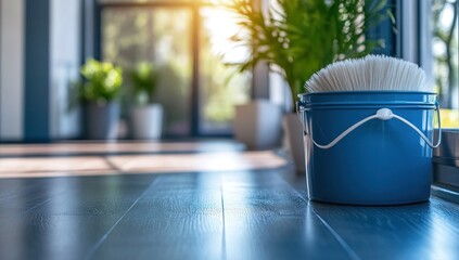 Blue Bucket of Paintbrushes on a Shiny Floor