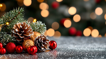 Obraz premium Festive Christmas decor on table, bokeh lights background