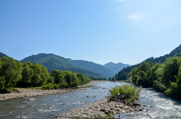 Beautiful scenic view of a serene Cheremosh river flowing through a lush forest with mountains in the background, under a clear blue sky. Carpathian Mountains, Ukraine