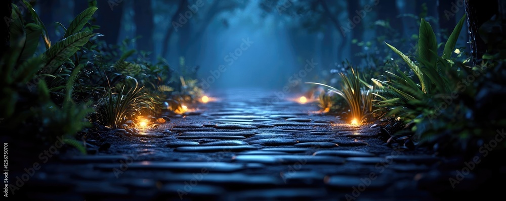Aufkleber glow forest idea. a serene pathway illuminated by glowing candles amidst lush greenery at night.