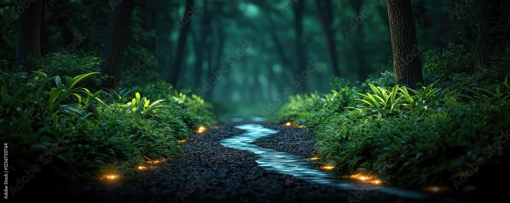 Poster Glow forest idea. A serene forest path illuminated by glowing lights and surrounded by lush greenery.