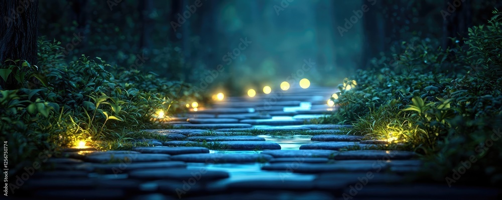 Aufkleber Glow forest idea. A serene path illuminated by soft lights in a tranquil forest setting.