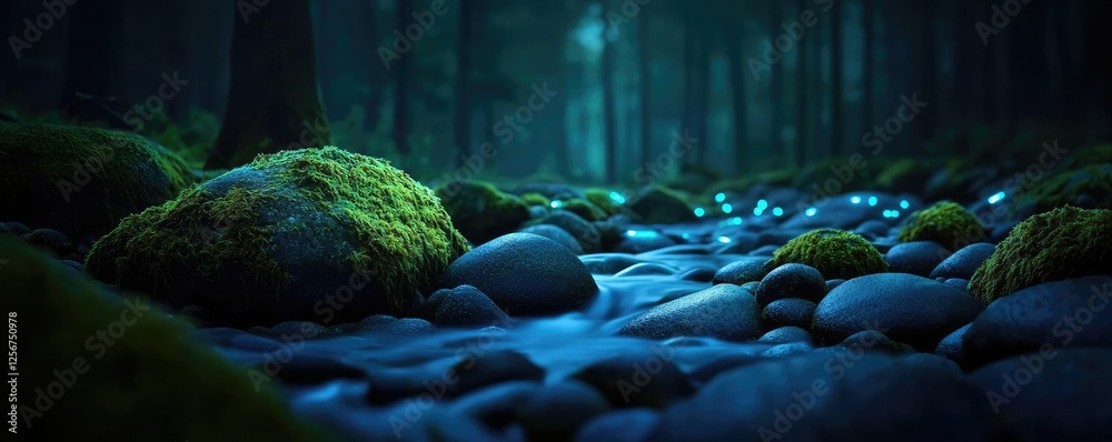 Aufkleber glow forest idea. a serene forest stream surrounded by moss-covered rocks in twilight lighting.