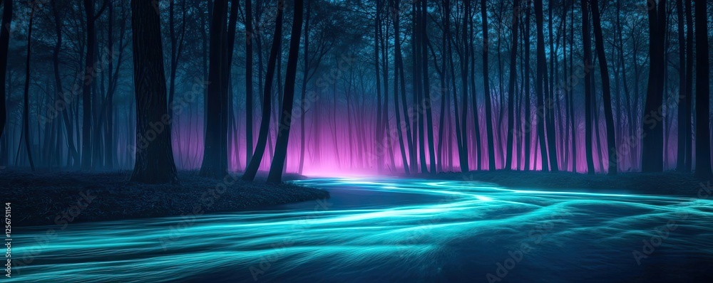 Poster Glow forest idea. A mystical forest with glowing river and enchanting colors in an ethereal atmosphere.