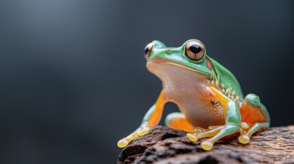 Naklejka premium Green frog on wood, rainforest background, nature photography