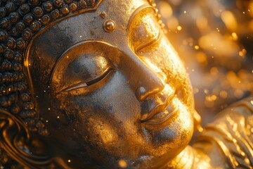 Obraz premium Peaceful Buddha statue at sunset, golden light