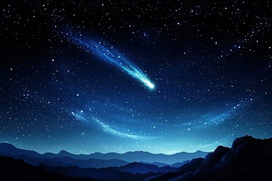 Comet streaks across starlit night sky over mountains - Powered by Adobe