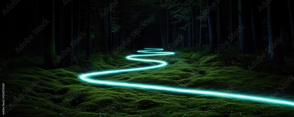 Poster glow forest idea. a glowing path through a dark forest, illuminated by a vibrant blue light.