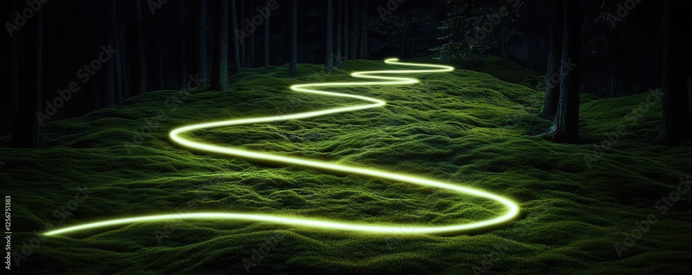 Poster glow forest idea. a glowing path winds through a dark forest, illuminating the lush greenery around.