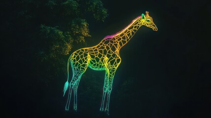 Neon Giraffe in Dark Forest, Nature Illustration