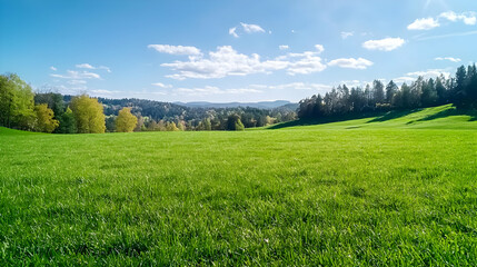 Obraz premium Sunny green field, hills, forest background, landscape nature