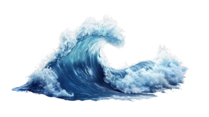 Big blue ocean wave breaking with foam and transparent background