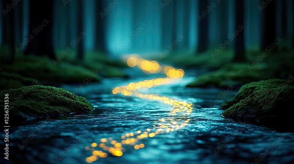 Poster glow forest concept. a serene forest scene featuring a winding river illuminated by glowing lights.