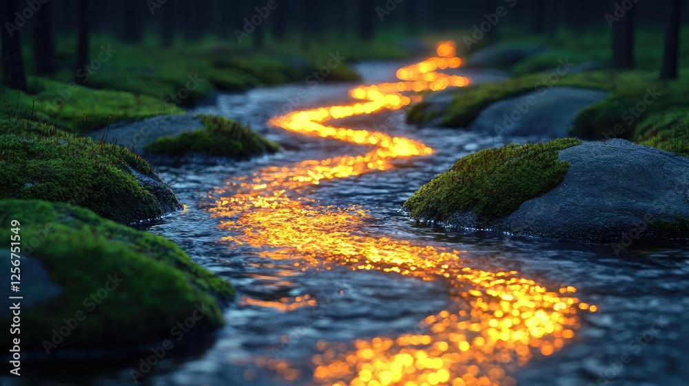 Poster glow forest concept. a serene river illuminated by golden reflections on a tranquil forest pathway.