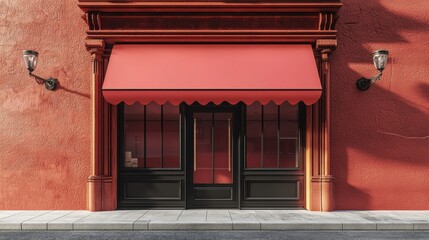Fototapeta premium Red building with red awning and black door on a sunny day in an urban setting