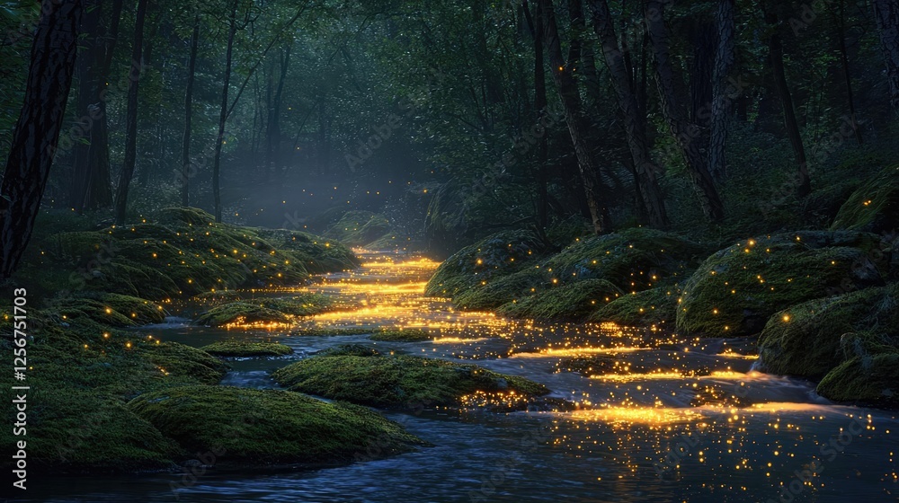 Poster glow forest idea. a serene forest scene showcasing a glowing stream illuminated by soft light.