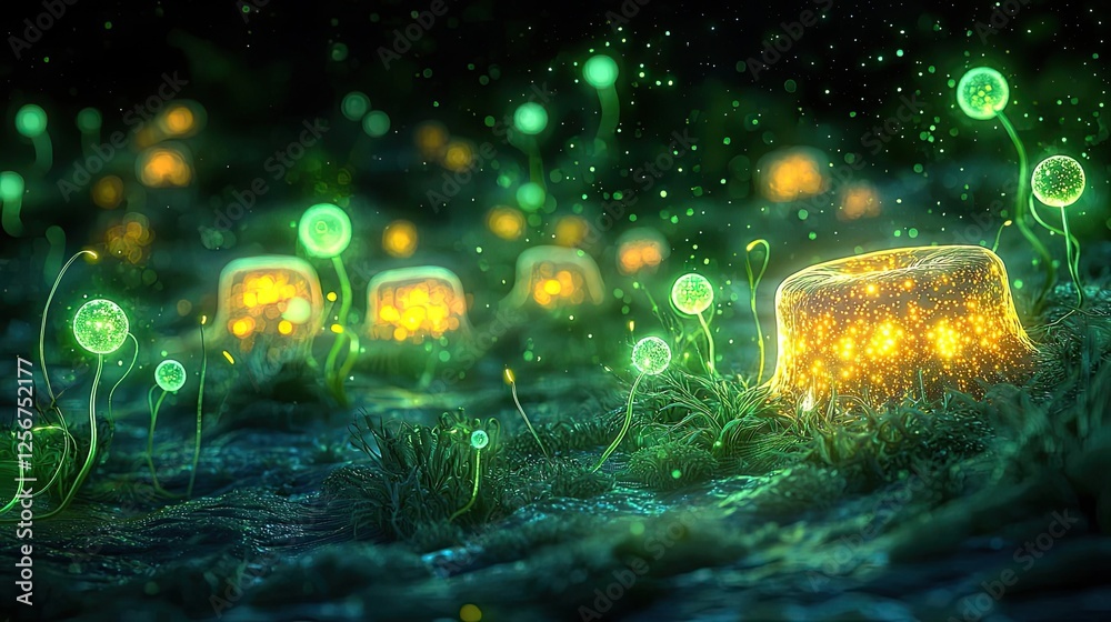 Poster marine life microscopic idea. glowing bio-luminescent plants in a mystical, enchanting forest settin