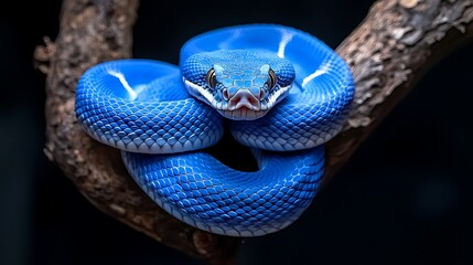 Obraz premium Blue snake coiled on branch, dark background, wildlife photography, nature stock image.