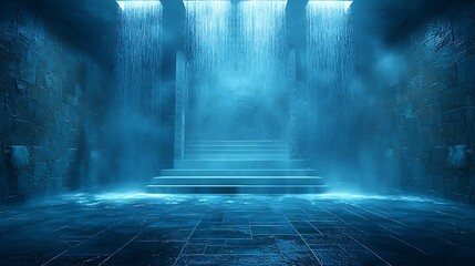 Blue-lit stone stairs, waterfall background, mysterious scene, fantasy setting, video game backdrop.