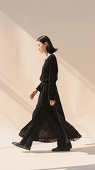 Naklejka premium Elegant woman in flowing black dress walking gracefully in soft light