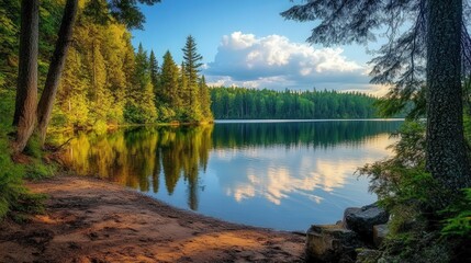 peaceful lake shore surrounded by dense woods, with the still water reflecting the beauty of the trees and sky.