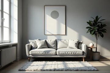 Serene Living Room Interior Design Featuring a Light Gray Sofa, Fluffy Rug, and Minimalist Artwork