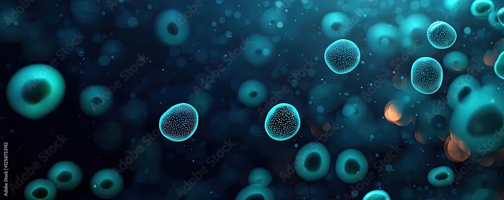 Poster Microscopic ocean life idea. Microscopic view of cells, showcasing intricate biological structures in a dark background.