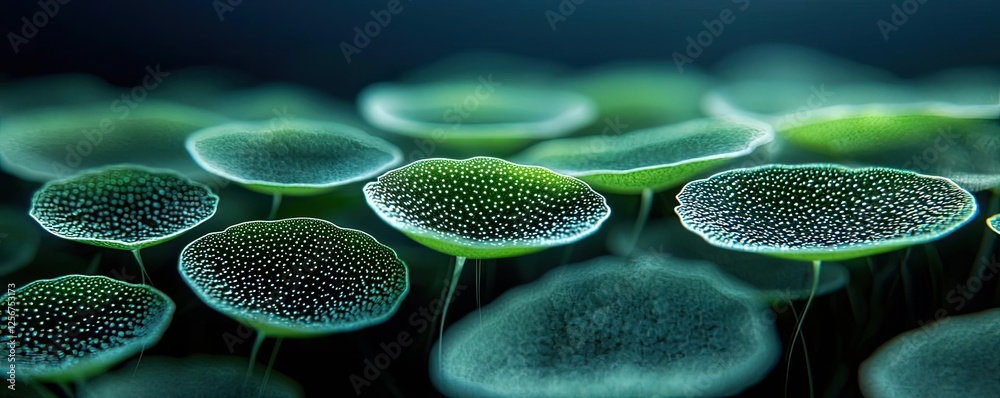Poster Microscopic ocean life idea. Close-up of vibrant green circular leaves with intricate textures and patterns.