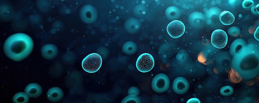 Microscopic ocean life idea. Microscopic view of cells, showcasing intricate biological structures in a dark background.