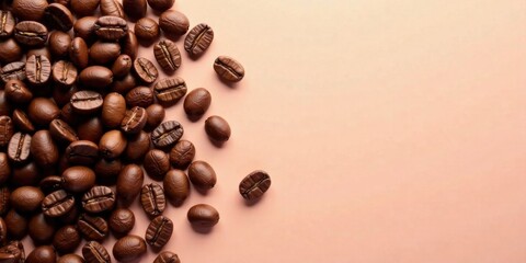 A profusion of roasted coffee beans scattered artistically across a soft peach background, leaving ample space for text or design elements.